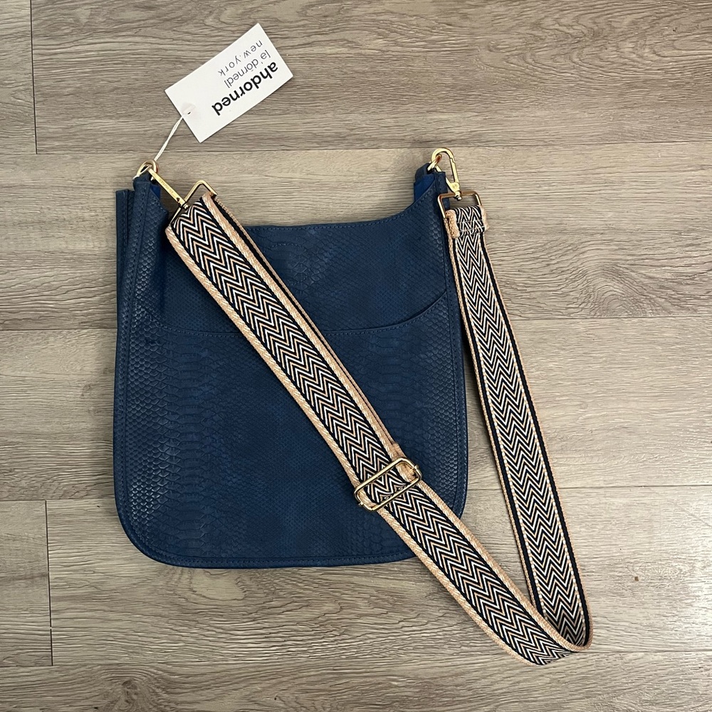Ahdorned Navy Snake Embossed Messenger Bag w Strap